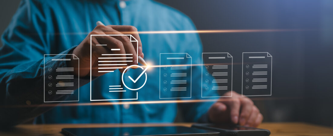 Check mark symbol represents the standard quality control. Businessman writing virtual glowing correct sign mark and document for online approve paperless and quality assurance. Guarantee, Certificate